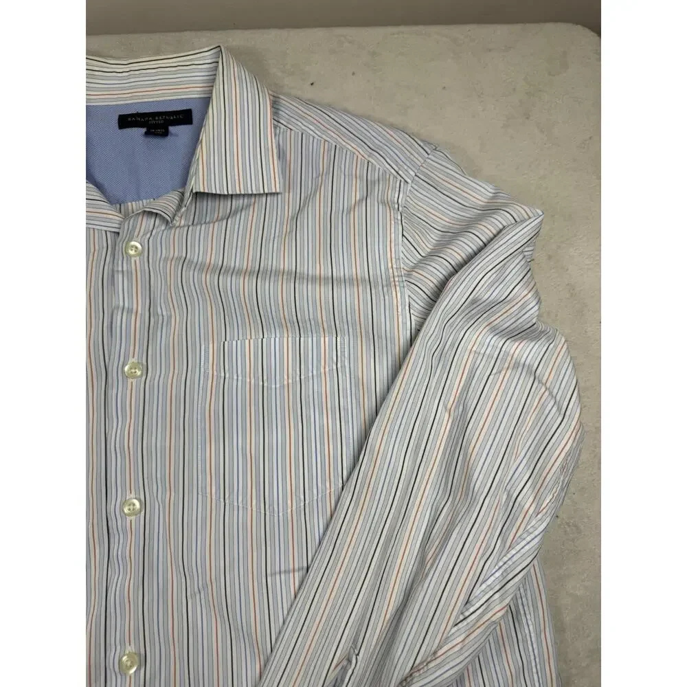 Banana Republic Men’s M 15-15.5 Fitted Dress Shirt Blue Orange Stripe Long Sleev